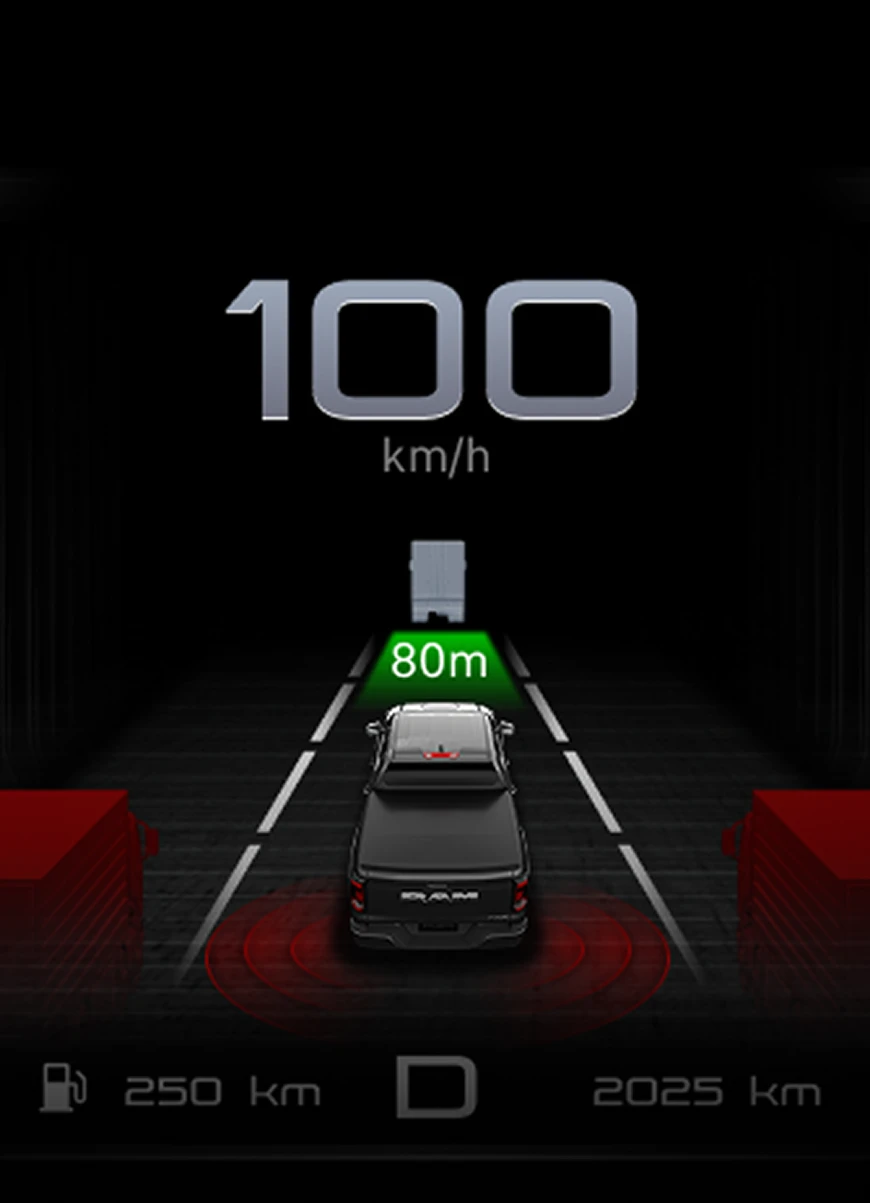 Painel digital da Ram Dakota mostrando velocímetro e alerta de distância segura com gráfico frontal. Painel digital da Ram Dakota mostrando velocímetro e alerta de distância segura com gráfico frontal.